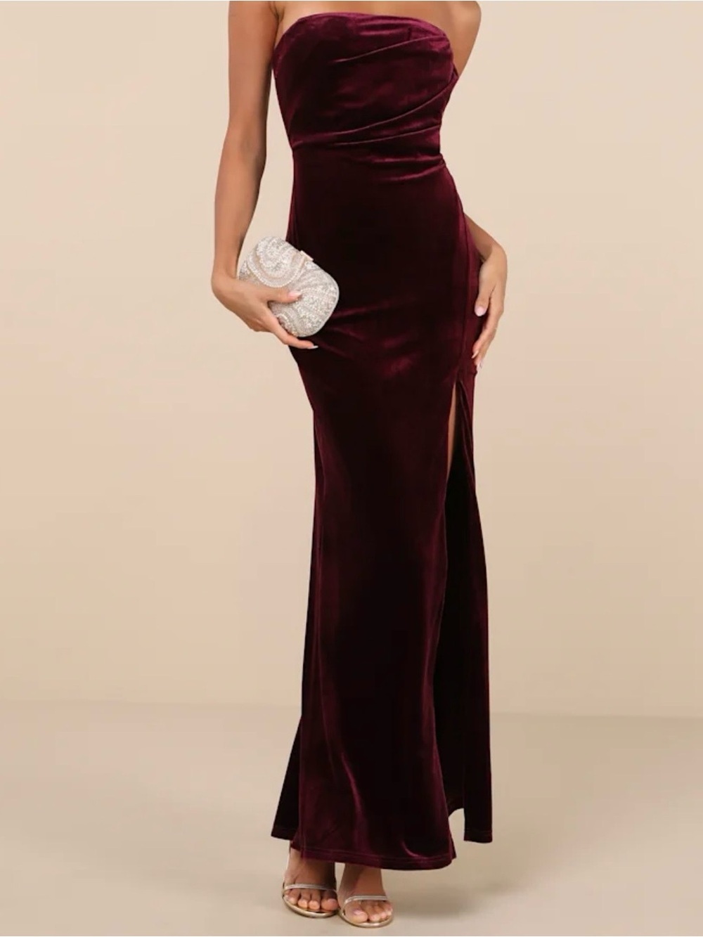 Lulu's Strapless Velvet Maxi Dress in Wine